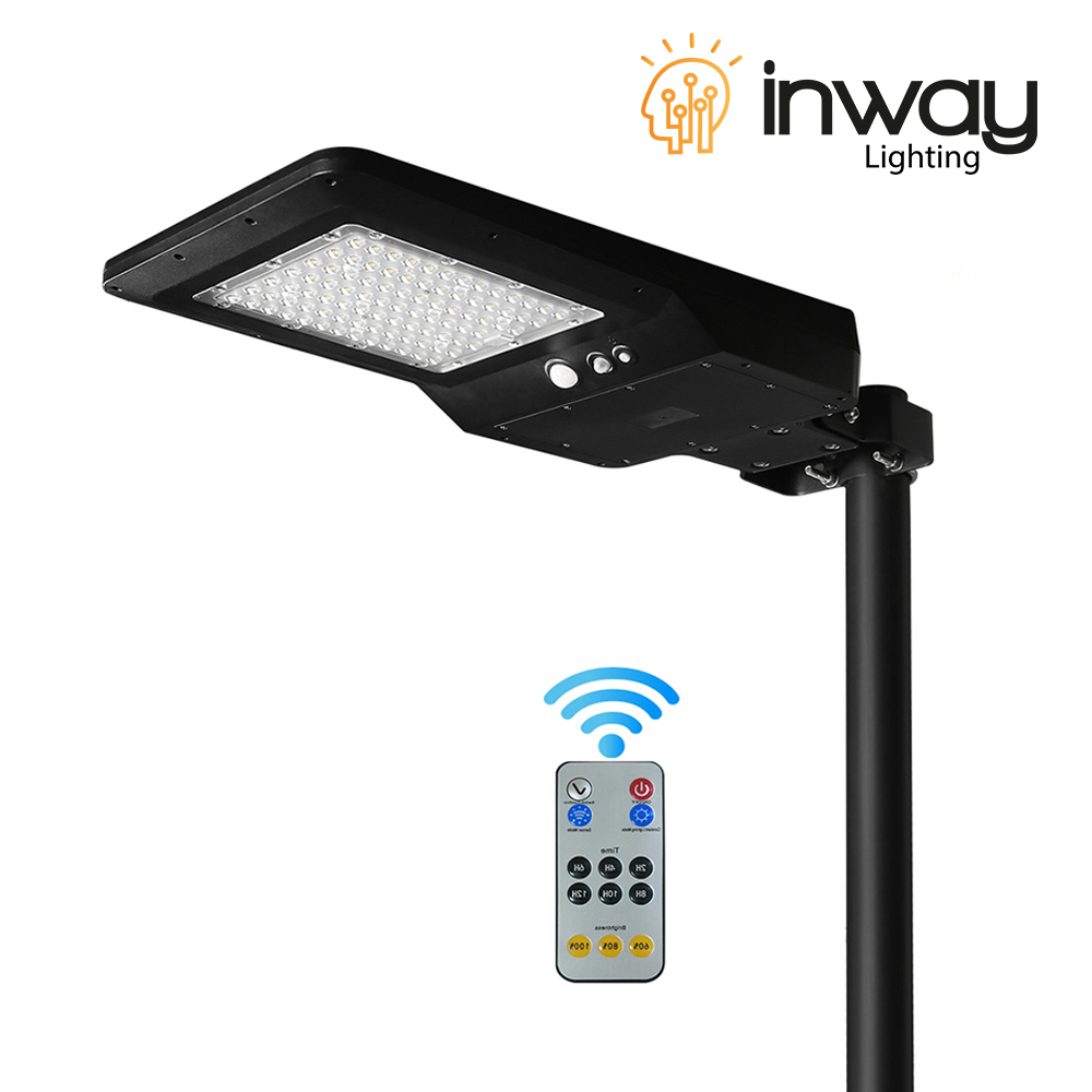 Lámpara Solar de Calle LED de 6000 Lm con Panel Integrado de 21W, 13.5V y Sensor de Movimiento, SMD2835 x 90pcs, 5000K, 140x70 Grados, Con Batería de Litio 115.2Wh, 9.6V, 12000mAh, IP65, Negra