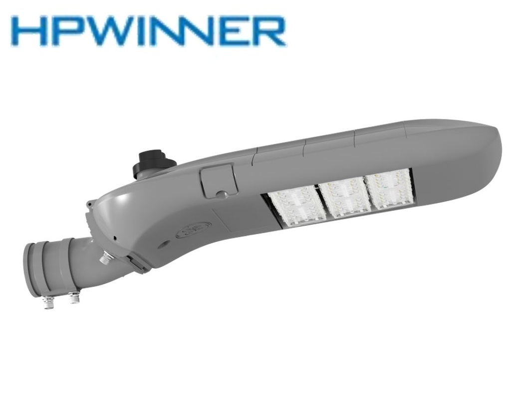 Lámpara de Calle LED Modular T19E-3 con Desconector Eléctrico y Base de 3 Pin, 150W, 3000K Blanco Cálido, CK16BMax (30pcs), 2373, Type II Medium, LUXEON 5050, 100-277Vac, con Supresor de Pico externo de 20KV/10KA, con brazo de 40-50mm, IP68, Gris
