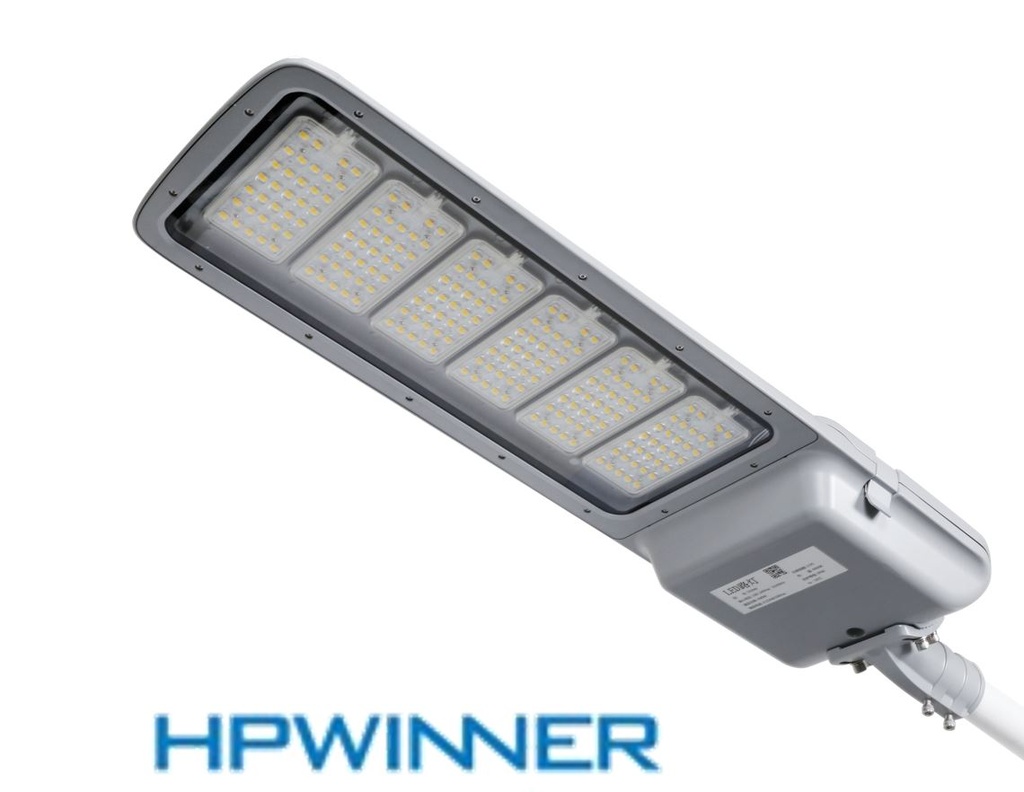 Lámpara de Calle LED Modular T65-N6 con Cristal y Base de 3 Pin, 300W, 5700K, 2883, 6x34pcs, Type III Medium, SANAN 5050, 100-277Vac, Dimmable de 0-10Vdc, Supresor de pico externo de 20KA, adaptador 40-50mm, IP68, Gris