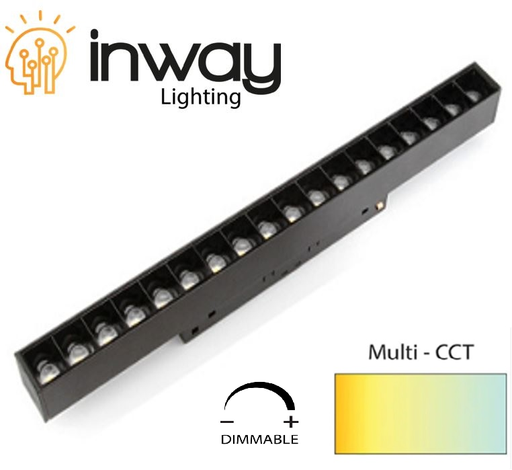 [IND-PR-00798] Lámpara Lineal Magnética LED p/Riel de 20mm de ancho con Rejilla, 12W, 8.77"(223mm), Múltiple CCT WW 3000K / CW 6000K, 48Vdc, Dimmable de 0-10V, Instalación: Empotrar o Superficie, 24 Grados, Negra