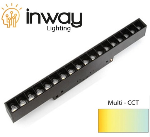 [IND-PR-00803] Lámpara Lineal Magnética LED p/Riel de 20mm de ancho con Rejilla, 24W, 17.16"(436mm), Múltiple CCT con Switch WW 3000K / NW 4000K / CW 6000K, 48Vdc, Instalación: Empotrar o Superficie, 24 Grados, Negra