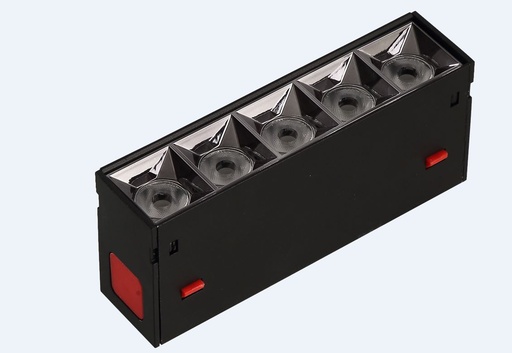 [IND-PR-00807] Lámpara Lineal Magnética LED p/Riel de 20mm de ancho con Rejilla, 8W, 5.43"(138mm), 6000K Blanco Frío, 100-260Vac, Dimmable, Instalación: Empotrar o Superficie, 38 Grados, Negra