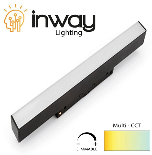 [IND-PR-00813] Lámpara Lineal Magnética LED p/Riel de 20mm de ancho, 18W, 17.71"(450mm), Múltiple CCT WW 3000K / CW 6000K, 48Vdc, Dimmable de 0-10V, Instalación: Empotrar o Superficie, 120 Grados, Negra