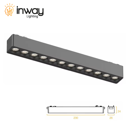 [IND-PR-00829] Lámpara Slim Lineal Magnética LED p/Riel de 27mm de ancho, 12W, 10.11"(257mm), 4000K Blanco Natural, 48Vdc, Instalación: Empotrar o Superficie, 24 Grados, Negra