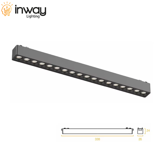 [IND-PR-00831] Lámpara Slim Lineal Magnética LED p/Riel de 27mm de ancho, 18W, 15.07"(383mm), 4000K Blanco Natural, 48Vdc, Instalación: Empotrar o Superficie, 24 Grados, Negra