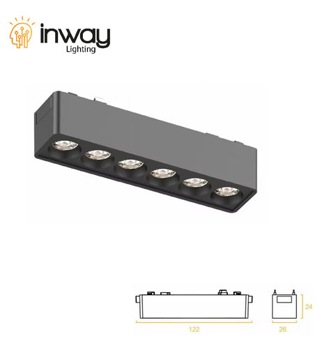 [IND-PR-00832] Lámpara Slim Lineal Magnética LED p/Riel de 27mm de ancho, 6W, 5.15"(131mm), 4000K Blanco Natural, 48Vdc, Instalación: Empotrar o Superficie, 24 Grados, Negra