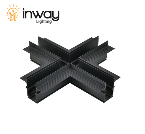 [IND-PR-01141] Conector Horizontal en X p/Riel de Empotrar de 2.4 Metros p/Lámpara Magnética, 2 cables, 48Vdc y 20mm de ancho, Negro