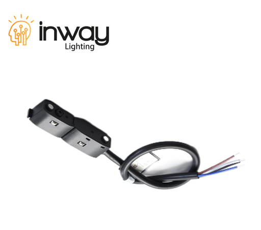 [IND-PR-01162] Conector p/ Alimentación de Riel de 20mm de ancho de Lámpara Magnética tipo Arco de 2 cables, 48Vdc, Negro