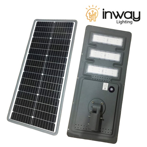 [IND-PR-01296] Lámpara Solar de Calle LED de 80W con Panel Integrado de18V, SMD3030, 6000K Blanco Frío, 140x70 Grados, Con Batería de Litio 120AH,  3.2V, IP65, Gris