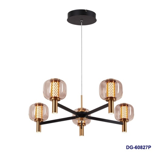 [IND-PR-00196] Lámpara LED Decorativa Colgante, DG60827P, 34W, 4000K Blanco Natural, 85-265Vac, Dimensiones: 600x600x1500mm, IP20, Negra con dorado
