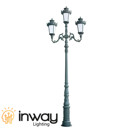 [IND-PR-00351] Poste Decorativo de aluminio tipo Colonial con 3 lámparas de 50W, 3000K Blanco Cálido, color gris oscuro, Largo: 5Mts, Incluye: lámparas, brazos, base y tornillería